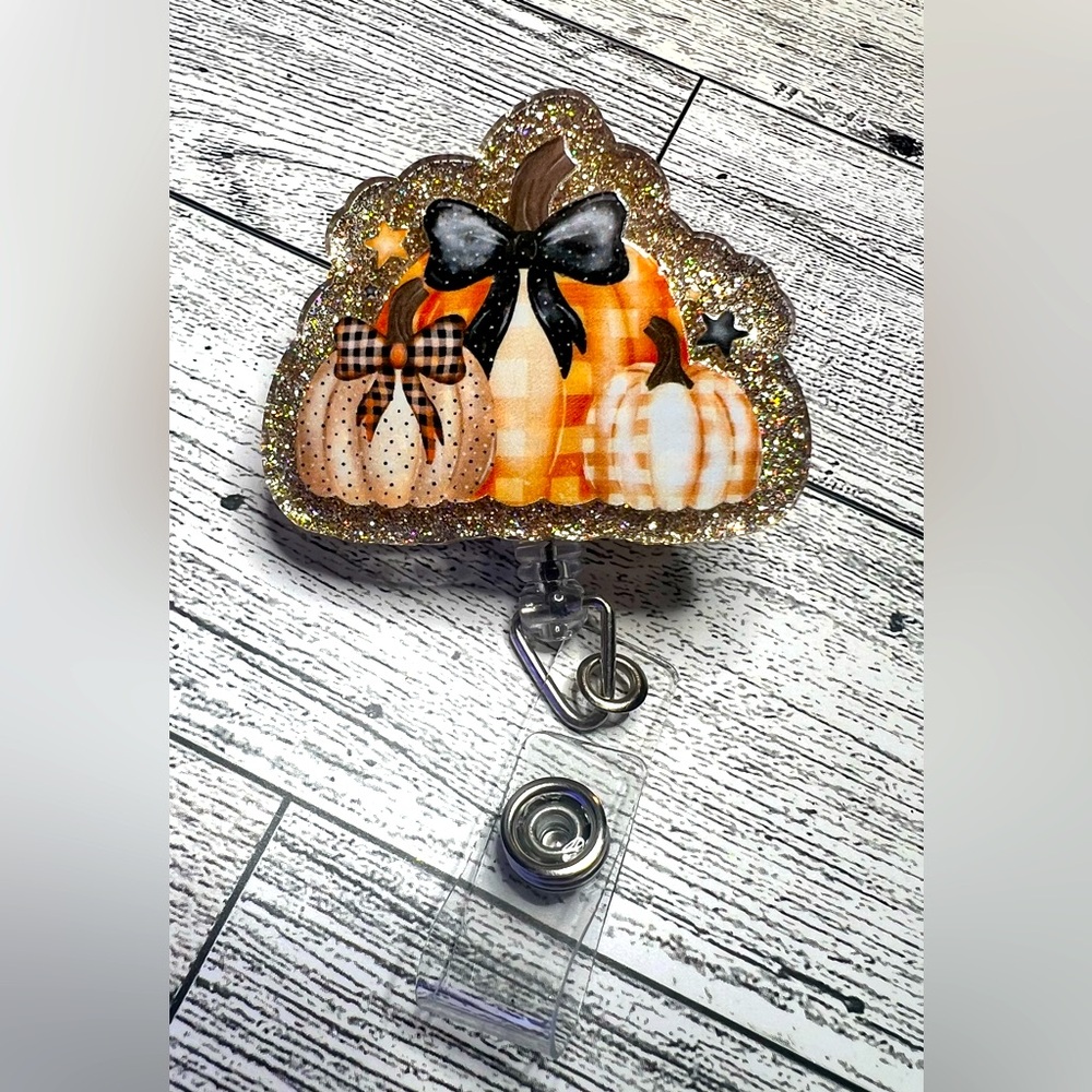 Fall Pumpkin Glitter retractable badge reel clip